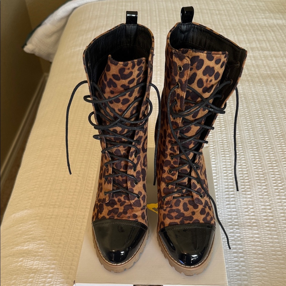 Leopard Print Lace-Up Combat Boot
